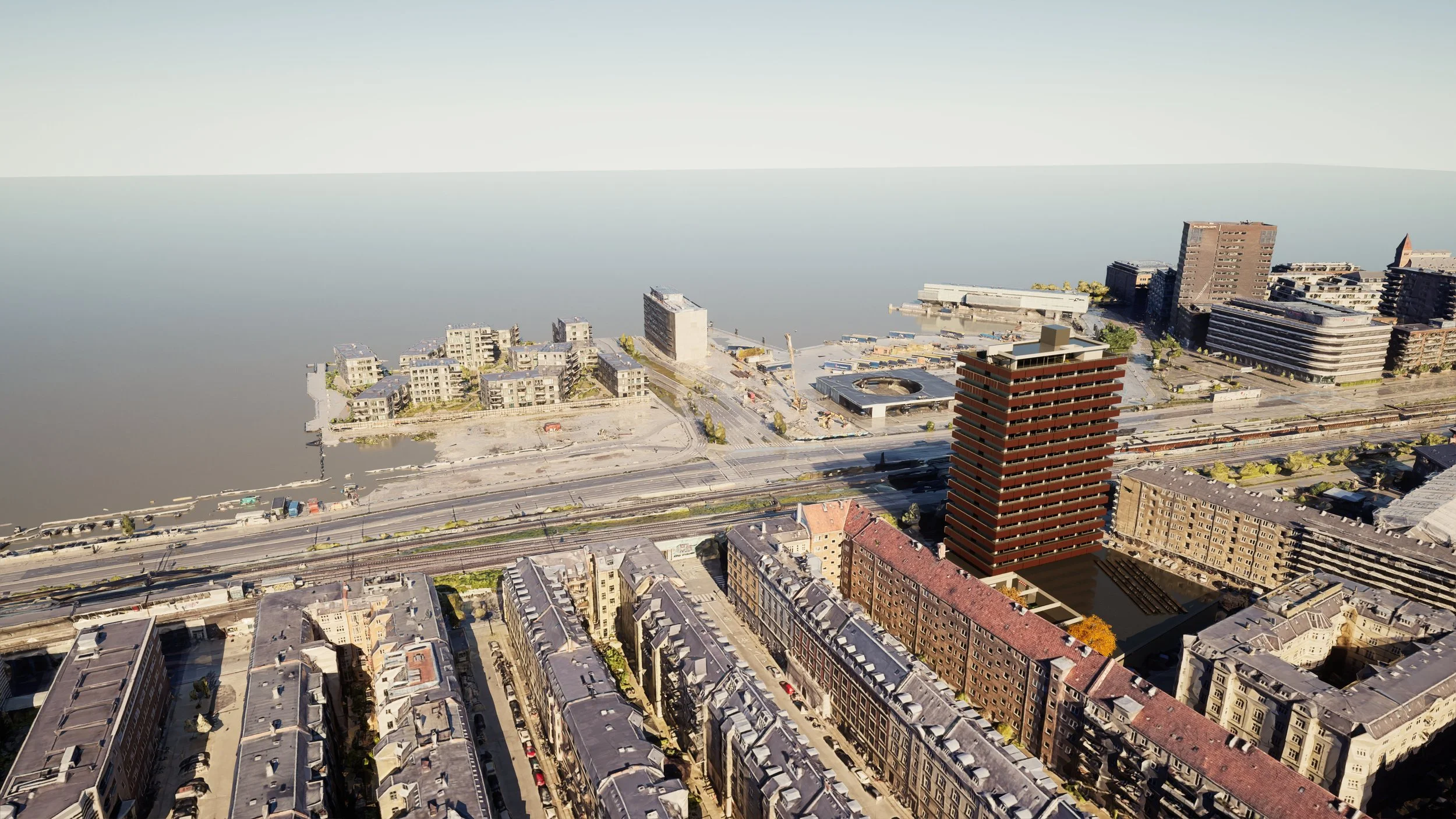 Aerial view of a coastal urban energy project